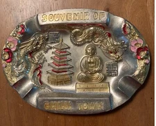 Vintage Chinatown Silver Lightly Painted Metal Souvenir Ashtray