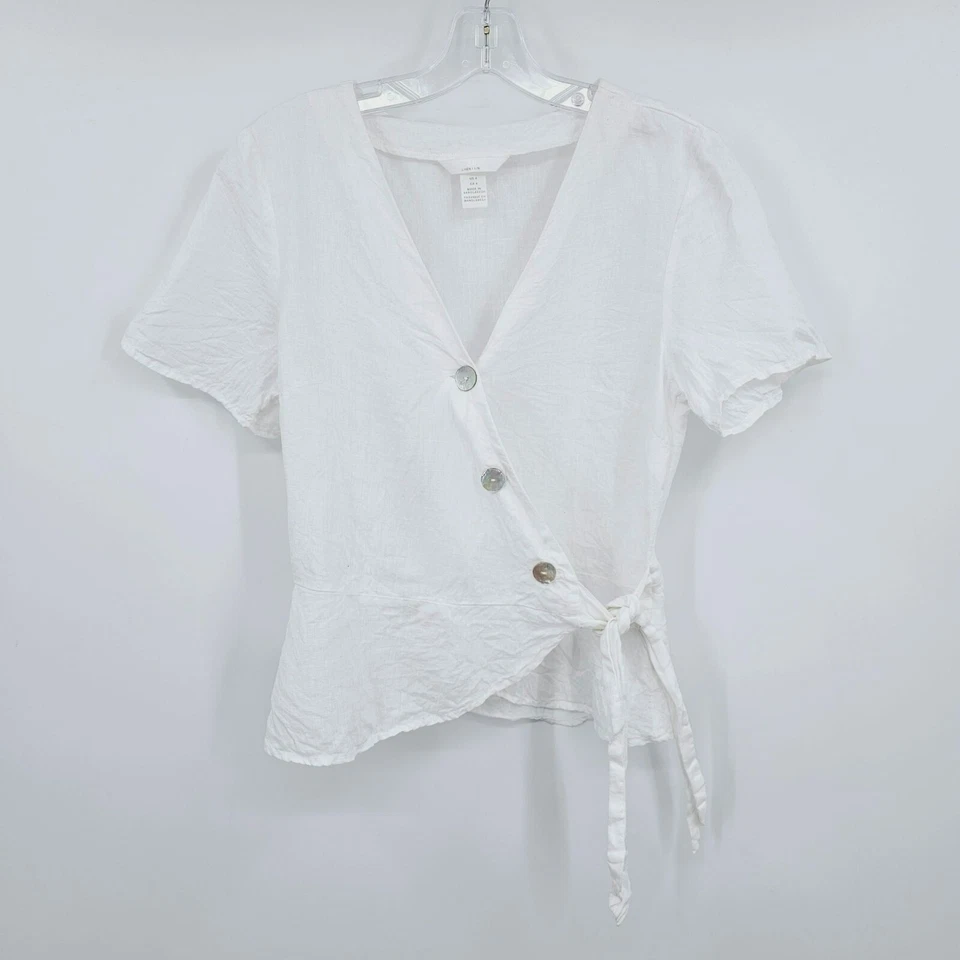 Top envolvente H&M 100 % lino peplum 4 botones blancos recortados madreperla lazo cintura Foto 4 de 4