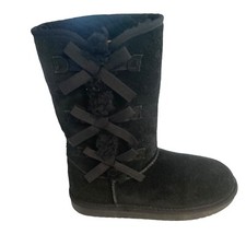 Big Girls Koolaburra by UGG Boots Size 4 Solid Black Winter Fleece Lined W/Bows