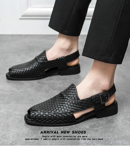 Mocassino elegante sandali uomo estivi in pelle pu fibbia su tessuto peeptoe - Foto 2 di 26
