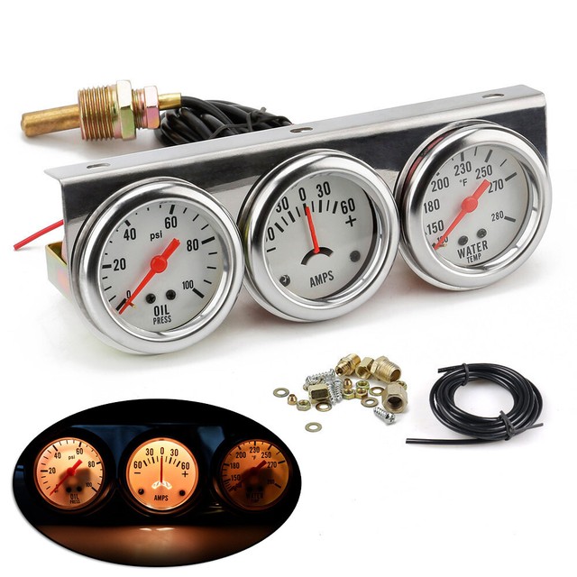 2 52mm Chrome Car Triple Gauge Set Kit AMP Meter Water Temp Oil