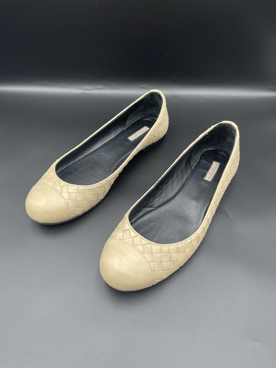 Bottega Veneta Taupe Nude Nappa Woven Leather Ballet Flats Cap Toe