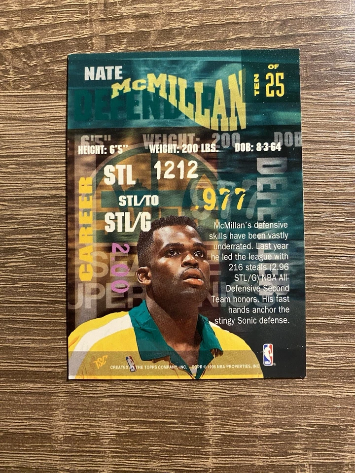 1994-95 Stadium Club NATE McMILLAN Super Skills Insert #10 Sonics - Image 2 of 2