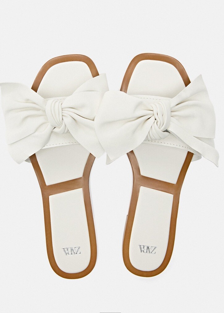 New Zara flat leather sandals With Bow LEATHER SLIDES shoes