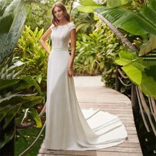 Simple A-Line Wedding Dresses Scoop Neck Cap Sleeves Satin Applique Bridal Gowns