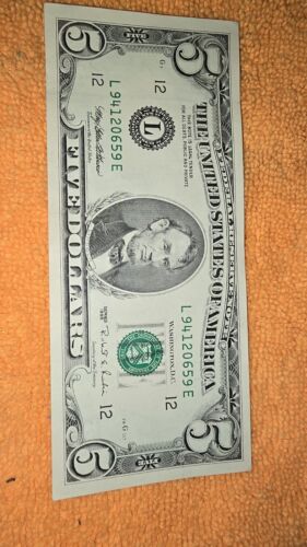 1995 Series Five Dollar Bill Near Mint L 94120659 E Lincoln USA Federal Note