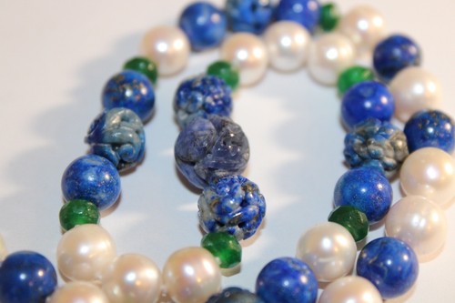 Vtg Carved Lapis Lazuli Emerald And Pearl Necklace Jewelry Lot #1 - Picture 9 of 9