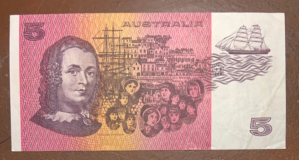 AUSTRALIA 5 dollars ND (1985) P44e VF Banks, plants / Chisholm, ship, women - Image 2 of 3