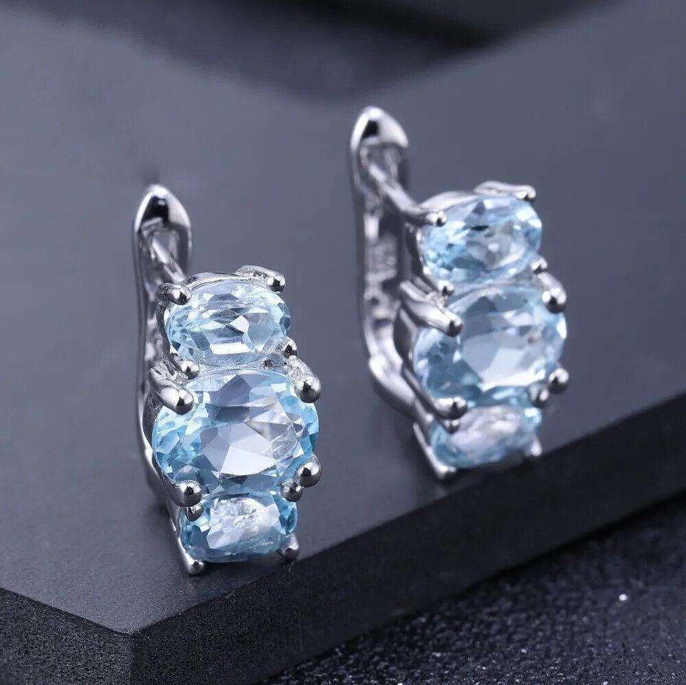 Natural Sky Blue Topaz 925 Sterling Silver Handmade Stud Earrings Elegant Design
