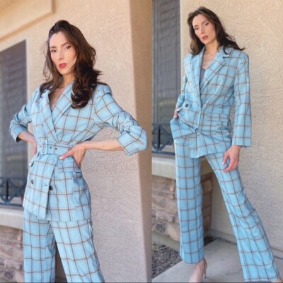 ASOS PIECE Pantsuit Blue Tan Plaid Belted Blazer Straight Leg Pants  Suit Set