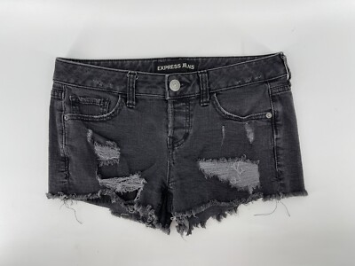 Express Cut Off Fringe Stretch Jean Shorts Womens Size 2 Gray Distressed Denim