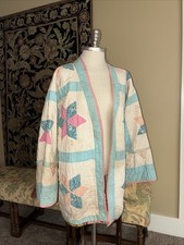 Handmade Upcycled Quilt Jacket Coat Oversized Blue Pink Patchwork Star