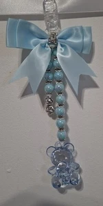 *new*blue boys  pram charm with Blue Beads With blue Bow With teddy on it 