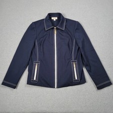 St John Sport By Marie Gray Suit Jacket Women Small Blue Stretch Gold Accent