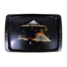 Vintage Japanese Black Lacquered Serving Tray  Hand Painted Asian Scene 
