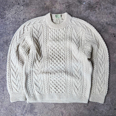 Gaeltarra Mens Jumper Size 44 Beige Wool Cable Knit Round Neck Long Sleeve