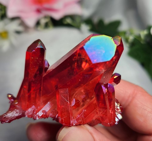 2.2" 58g Gorgeous Mini A+ Ruby Red Rainbow Aura Quartz Crystal Stone Cluster - Picture 4 of 24