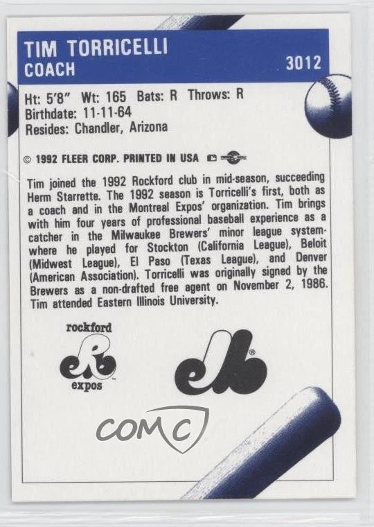 1992 Fleer ProCards Minor League Tim Torricelli #3012 - Image 2 of 2