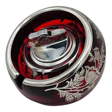 Viking Glass Ruby Red Orb Lighter Ashtray Silver Overlay Sterling on Crystal VTG