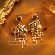 Gold Leaf Tassel Dangle Earrings Brown Cat's Eye Stone Pearl Accent Women's