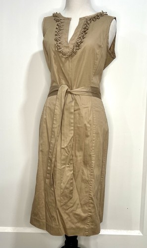 Talbots A-Line Tan Khaki Ruffle V-Neck Sleeveless Belted Sheath Dress Sz 10