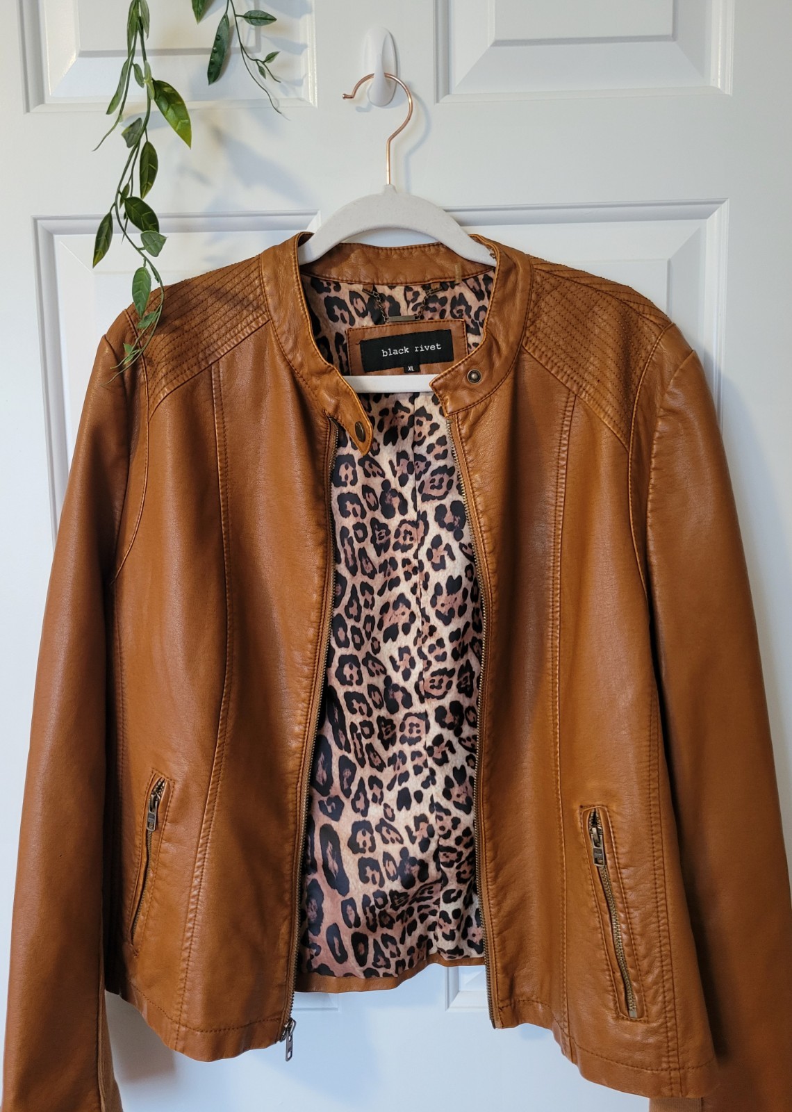 Black Rivet Women's Faux Leather Brown Leopard Print Moto Jacket Size XL
