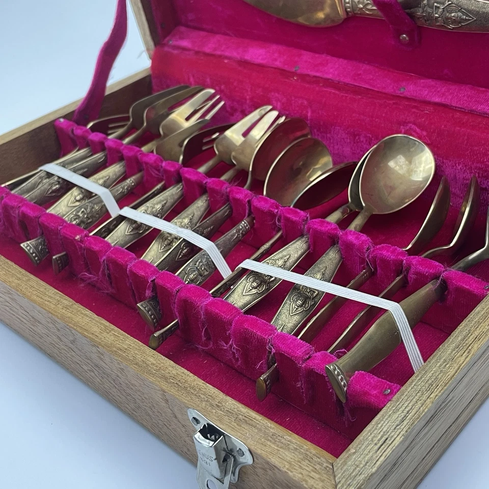 Vintage Messing-Besteck 24-tlg. Thailand Holzbox Antikkunstvoll Verziert RAR! - Bild 4 von 4