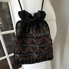 Vintage Carla Marchi Black Multicolor Beaded Crossbody Evening Bag Purse 1980s