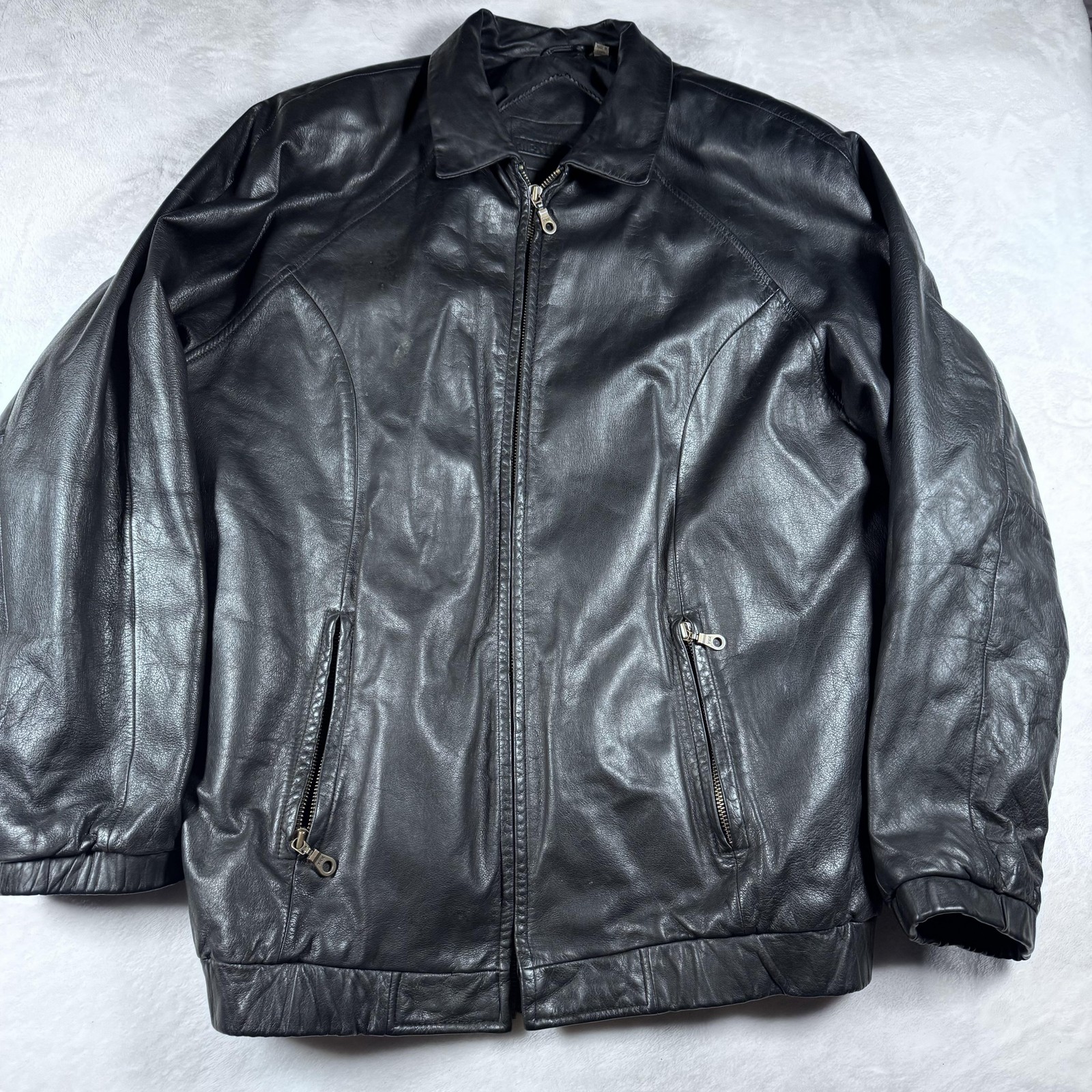 Preston & York Jacket Mens Large Black Leather Zip Front Pockets Lined Classic