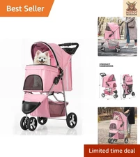 Waterproof Pink Pet Stroller with Storage Basket & Cup Holders for Small Pets