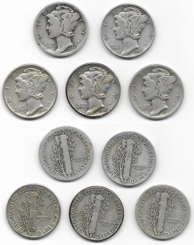 5 different Mercury dimes 10 cents 10c very good G-VG 1935 1936 1942 1944 1945