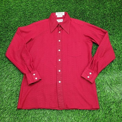 Vintage 70s Disco Hippie Button Shirt M/L 21x29 Red Textured