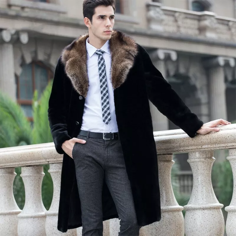 Mens Faux Mink Fur Jacket Lapel Fur Collar Coat Mid Long Thicken Parka  Overcoat