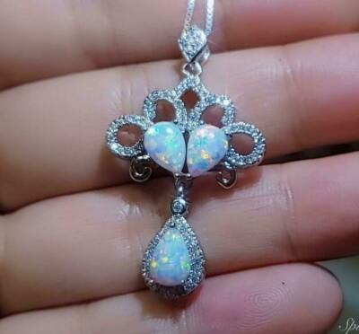 14K Gold Plated 18''Free Chain 2Ct Fire Opal Lab Created Diamond Flower Pendant