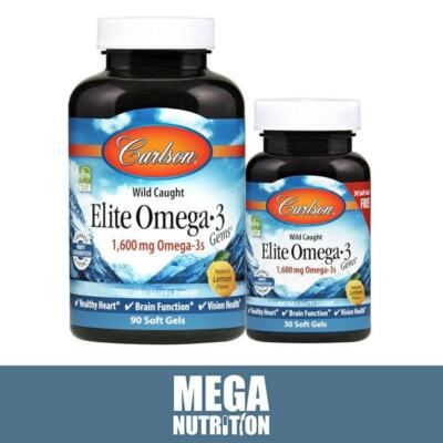Carlson Labs Elite Omega-3 Gems, 1600mg Natural Lemon 90 + 30 Softgels | Vision