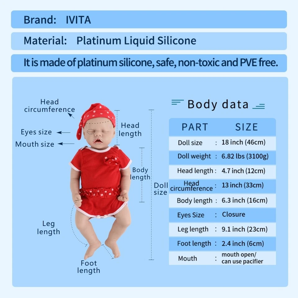 IVITA 46cm Silikon Rebornpuppe Geschlossenen Augen Mädchen Xmas Gifts - Bild 3 von 4