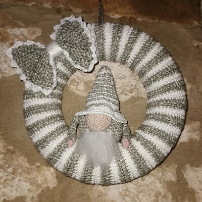 CROCHET Christmas  WREATH 25cm Gnome Gonk Grey and White GIFT unique OOAK
