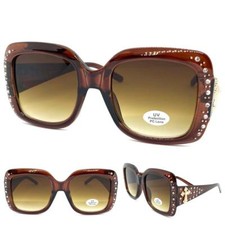 CLASSY Elegant WESTERN Rustic COWGIRL SUN GLASSES Large Brown Frame Gold Cross