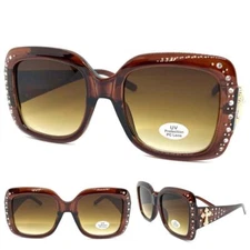 CLASSY Elegant WESTERN Rustic COWGIRL SUN GLASSES Large Brown Frame Gold Cross