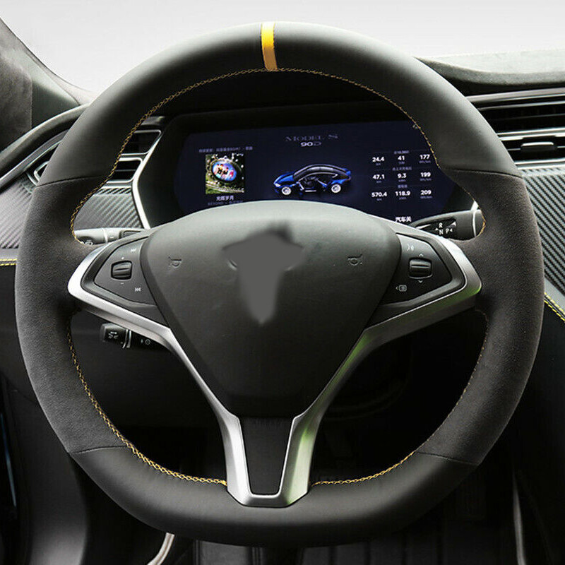 Black Suede Leather Steering Wheel Hand Sewing Wrap Cover For Tesla Model S/X