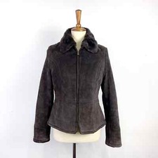 90s Y2k Vintage Sonoma Brown 100% Leather Suede Fur Collar Jacket Size Xs/s
