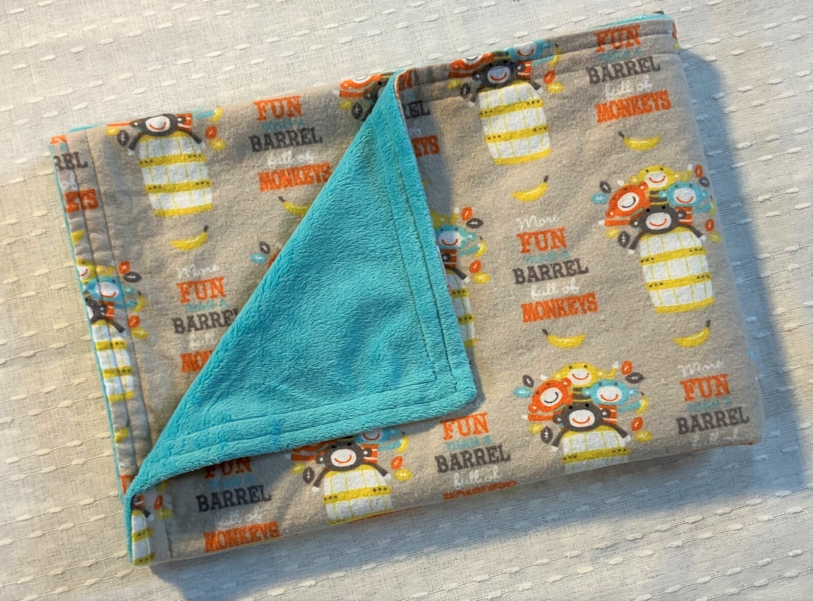 Baby Gift Blanket Barrell Full of Monkeys Minky Flannel Shower Present Handmade