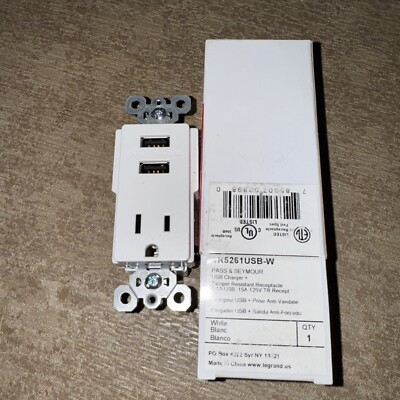 Pass Seymour Legrand TR15HUSBACW USB Charger Tamper Resistant Recept 15A 125 Wht