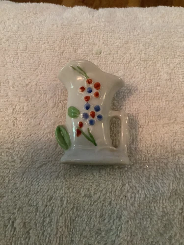 Vintage Mini Handled White Ceramic 2.5" Tall  Vase Hand Painted Flowers Japan