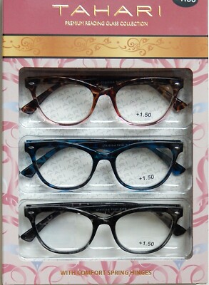 TAHARI PREMIUM 3 PACK READING GLASSES READERS CAT EYE +1.50 +2.00 +2.50 NEW 