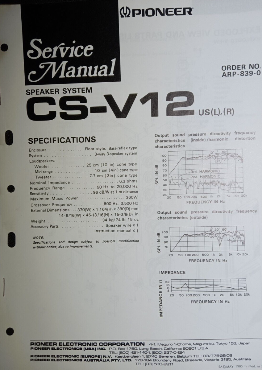 Pioneer CS-V12 US L R Service Manual Speaker System Original Pioneer CS-V12 US L R Service Manual Speaker System Original