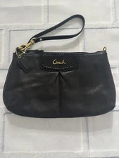 Coach Ashley Black Mini Wristlet Top Zipper Bag Purse Leather Gold-Tone Hardware