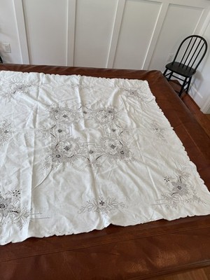 Vintage Tablecloth Almost Square 48.8x50.5 White Tan/Grey Flowers Lace/Embroider