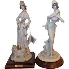 Auro Belcari Capodimonte Figurine Pair Woman Dog Porcelain Vintage 1980s PPWH
