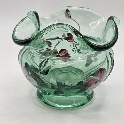 Fenton Ruffled Lip Rose Bowl Vase Hand Painted Green Glass Signed M Wagner Vtg